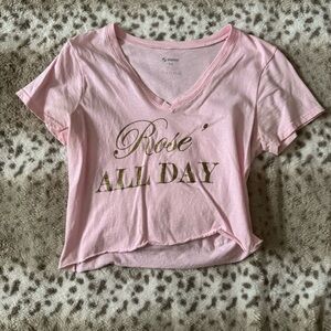 Pink V-Neck Tee with Gold Print